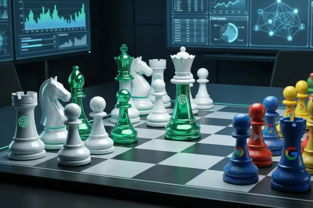 Xeque-mate estratégico: Peças de xadrez com o logo da OpenAI (representando os Anúncios no ChatGPT) vencendo as peças do Google, simbolizando o fim da busca por palavras-chave e o início do comércio conversacional.