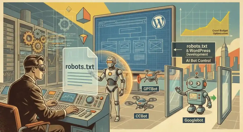 Ilustração retro-futurista de um especialista em Desenvolvimento de Site gerenciando o arquivo robots.txt no WordPress. A imagem mostra o bloqueio de robôs de IA (GPTBot e CCBot) e a permissão de acesso para o Googlebot, otimizando o Crawl Budget do site.
