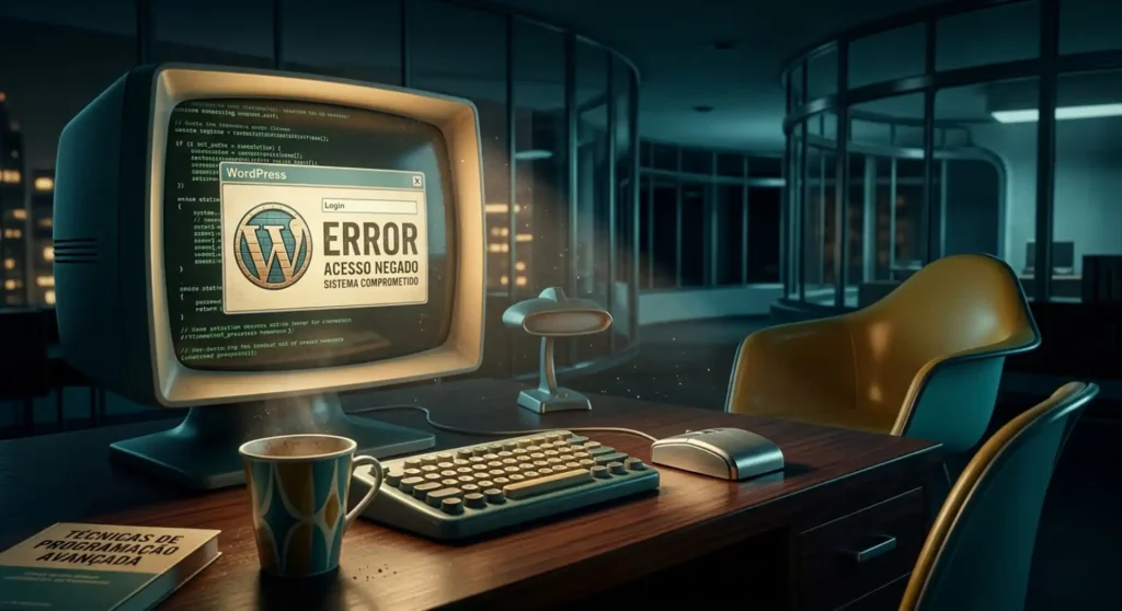 Uma imagem fotográfica dramática de uma mesa de escritório retrô à noite, com um monitor CRT exibindo uma janela de erro do WordPress que diz "ACESSO NEGADO". Uma cadeira amarela vazia está ao lado, simbolizando o abandono profissional e a frustração de quando o desenvolvedor do seu site sumiu.