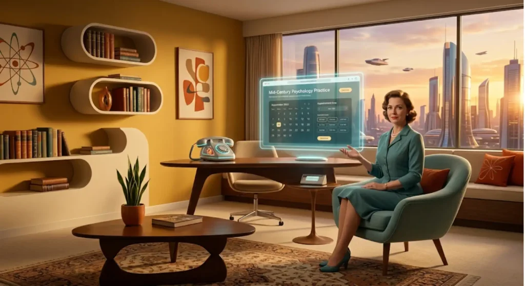 Consultório de psicologia com estética retrô-futurista mostrando uma psicóloga ao lado de uma tela holográfica com site profissional e agenda online, representação visual de site para psicólogos em Londrina.