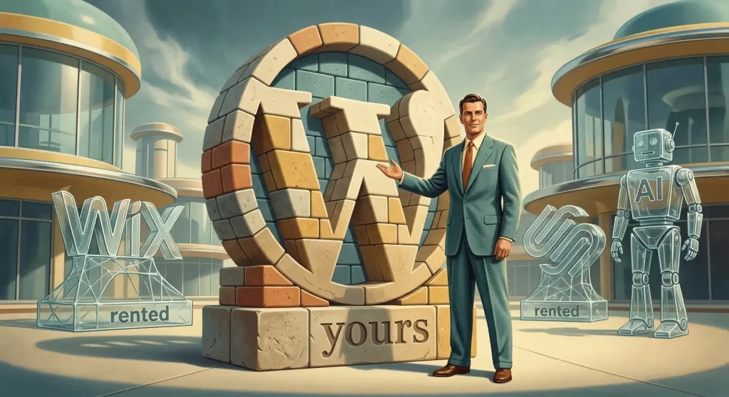Ilustração de um homem apresentando o logo do WordPress em 2026 feito de tijolos sólidos com a palavra "yours" (seu), contrastando com logos de vidro frágeis do Wix e IA com a palavra "rented" (alugado). Entenda se o wordpress vale a pena em 2026 como a melhor escolha de wordpress para empresas.